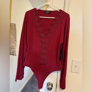 Wine Red Lace Long Sleeve Bodysuit